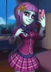 Size: 1860x2631 | Tagged: safe, artist:gabbslines, derpibooru import, sunny flare, equestria girls, friendship games, clothes, commission, crystal prep academy uniform, female, high res, looking at you, mobile phone, phone, school uniform, selfie, smartphone, smiling, solo, sunny flare's wrist devices