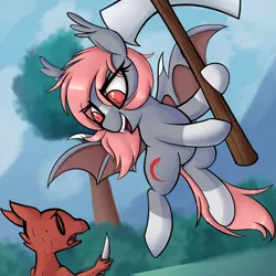 Size: 1800x1800 | Tagged: safe, artist:illusion, derpibooru import, oc, oc:crimson soul, bat pony, kobold, pony, axe, barbarian, bat pony oc, bat wings, dungeons and dragons, fight, flying, knife, open mouth, pen and paper rpg, rpg, weapon, wings