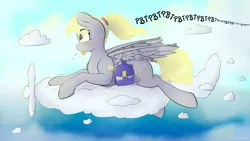 Size: 1920x1080 | Tagged: safe, artist:fuzzypones, derpibooru import, derpy hooves, pegasus, pony, :p, bag, blushing, cloud, female, flying, mail, mailmare, mare, onomatopoeia, plane, raspberry, raspberry noise, saddle bag, sky, solo, text, tongue out