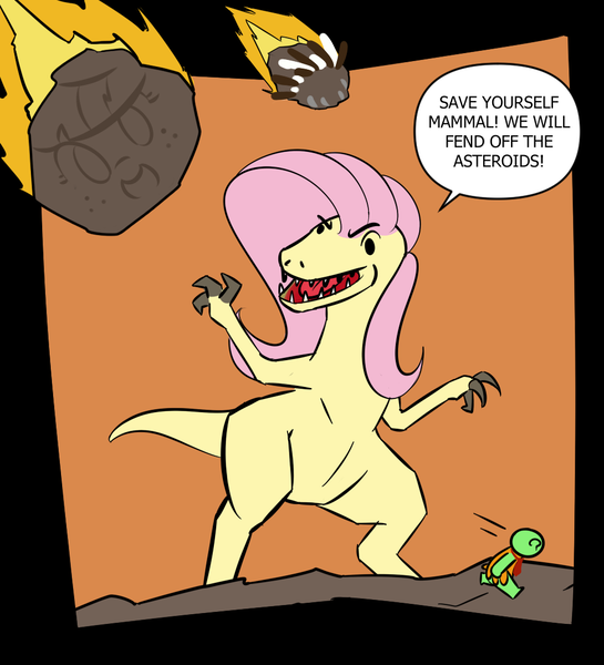 Size: 1000x1100 | Tagged: safe, anonymous artist, derpibooru import, fluttershy, oc, oc:anon, oc:raptorshy, ponified, dinosaur, pony, velociraptor, derpibooru, the end of derpibooru, asteroid, caveman, dialogue, drama, funny, image, implied blossomforth, meme, meta, meteor, png, satire, saturday morning breakfast cereal, smbc, species swap, veloshyraptor, wig