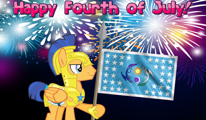 Size: 2064x1204 | Tagged: 4th of july, armor, artist:not-yet-a-brony, banner, derpibooru import, equestrian flag, fireworks, flag, flag pole, flag waving, flash sentry, holiday, independence day, patriotic, patriotism, royal guard, royal guard armor, safe, spear, weapon