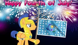 Size: 2064x1204 | Tagged: 4th of july, armor, artist:not-yet-a-brony, banner, derpibooru import, equestrian flag, fireworks, flag, flag pole, flag waving, flash sentry, holiday, independence day, patriotic, patriotism, royal guard, royal guard armor, safe, spear, weapon