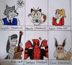 Size: 750x676 | Tagged: safe, artist:agirlwholovesmlp, derpibooru import, octavia melody, earth pony, eevee, human, meowth, pony, wolf, six fanarts, adora, beastars, cello, deadpool, female, legoshi (beastars), male, mare, misspelling, musical instrument, pokémon, she-ra, traditional art