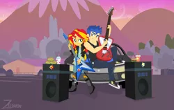 Size: 14655x9308 | Tagged: safe, artist:zeldarondl, derpibooru import, flash sentry, sunset shimmer, equestria girls, burger, car, electric guitar, female, flashimmer, food, guitar, hamburger, male, milkshake, mountain, musical instrument, shipping, speakers, straight