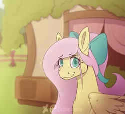 Size: 1119x1022 | Tagged: safe, artist:zezhirdeliora, derpibooru import, fluttershy, pegasus, pony, bow, bust, cute, eye clipping through hair, female, fluttershy's cottage, hair bow, looking at you, mare, outdoors, portrait, shyabetes, smiling, solo, stray strand, three quarter view, wings