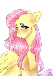 Size: 2893x4092 | Tagged: safe, artist:dreamykid, derpibooru import, fluttershy, pegasus, pony, blushing, bust, chest fluff, eye clipping through hair, female, floppy ears, folded wings, head turn, high res, looking at you, mare, portrait, simple background, solo, three quarter view, white background, wings