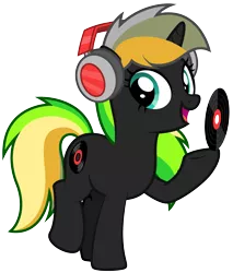 Size: 1821x2138 | Tagged: safe, artist:lightning stripe, derpibooru import, oc, oc:melody beats, pony, unicorn, black coat, clothes, commission, cutie mark, female, headphones, horn, long hair, long mane, mare, multicolored hair, one leg raised, record, show accurate, simple background, smiling, solo, teal eyes, transparent background, vector