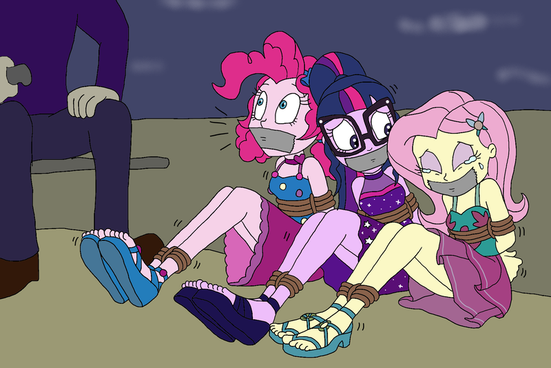 Size: 1778x1186 | Tagged: safe, artist:bugssonicx, derpibooru import, fluttershy, pinkie pie, sci-twi, twilight sparkle, equestria girls, spring breakdown, arm behind back, boat, bondage, bound and gagged, clothes, crying, dress, eyes closed, eyeshadow, female, gag, glasses, helpless, kidnapped, makeup, peril, pirate, sandals, scared, skirt, sleeveless, tape, tape gag, tied hands, tied up