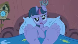 Size: 1280x720 | Tagged: anthro, artist:anthonygoody, barefoot, bed, cursed image, derpibooru import, edit, edited screencap, feet, fetish, foot fetish, golden oaks library, human feet, look before you sleep, screencap, soles, solo, suggestive, toes, twilight sparkle