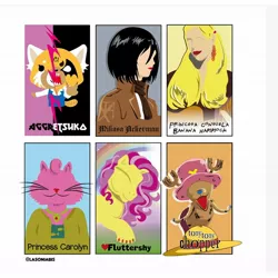 Size: 1080x1080 | Tagged: safe, artist:lasoniabis, derpibooru import, fluttershy, anthro, cat, human, pegasus, pony, red panda, six fanarts, aggretsuko, anthro with ponies, antlers, attack on titan, bojack horseman, clothes, crossover, devil horn (gesture), duality, eyes closed, f.r.i.e.n.d.s, female, hat, lipstick, mare, mikasa ackerman, one piece, open mouth, phoebe buffay, princess carolyn, rainbow, retsuko, sanrio, scarf, smiling, tony tony chopper, whiskers