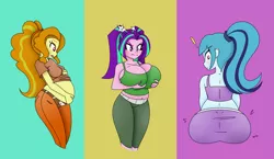 Size: 2876x1668 | Tagged: safe, artist:funble, artist:pacificside18, derpibooru import, adagio dazzle, aria blaze, sonata dusk, equestria girls, ass, belly, belly button, belt, big belly, big breasts, breasts, busty aria blaze, butt, cleavage, clothes, disguise, disguised siren, female, females only, grope, hairband, holding belly, huge breasts, large butt, looking back, looking down, pants, pregnant, pregnant equestria girls, self grope, shirt, sonata donk, t-shirt, tanktop, the dazzlings