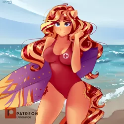 Size: 4000x4000 | Tagged: safe, artist:xjenn9, derpibooru import, sunset shimmer, equestria girls, beach, bedroom eyes, breasts, busty sunset shimmer, cleavage, clothes, female, lifeguard, looking at you, mare, ocean, one-piece swimsuit, ponied up, smiling, solo, surfboard, swimsuit