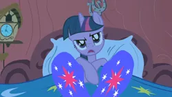 Size: 1280x720 | Tagged: artist:anthonygoody, bed, clothes, derpibooru import, edit, edited screencap, feet, fetish, foot fetish, golden oaks library, screencap, socks, solo, suggestive, twilight sparkle