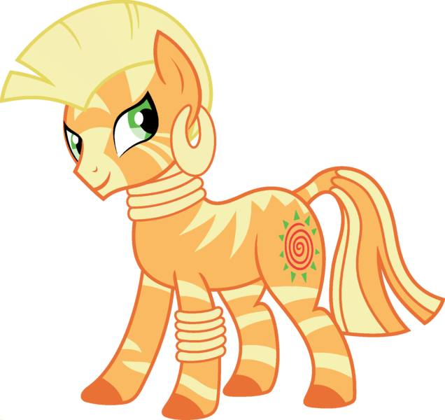 Size: 1920x1810 | Tagged: applejack, bracelet, colored hooves, derpibooru import, ear piercing, earring, edit, female, fusion, jewelry, mare, neck rings, palette swap, piercing, ponyar fusion, recolor, safe, simple background, smiling, solo, transparent background, vector, vector edit, zebra, zecora