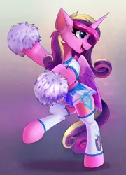 Size: 1438x1997 | Tagged: safe, artist:shadowreindeer, artist:xbi, colorist:xbi, derpibooru import, princess cadance, alicorn, pony, bipedal, blue underwear, cheek fluff, cheerleader cadance, cheerleader outfit, clothes, collaboration, cute, cutedance, ear fluff, female, hoof hold, leg warmers, panties, pom pom, see-through, simple background, skirt, solo, underwear