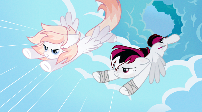 Size: 3600x2000 | Tagged: safe, artist:rerorir, derpibooru import, oc, oc:razorwing, unofficial characters only, pegasus, pony, bandage, cloud, female, flying, mare, simple background, white background