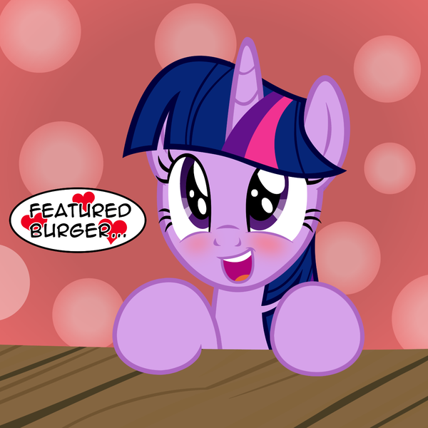 Size: 1235x1234 | Tagged: safe, artist:badumsquish, derpibooru import, twilight sparkle, twilight sparkle (alicorn), alicorn, pony, derpibooru, :d, abstract background, blushing, dialogue, female, happy, heart, looking up, meta, open mouth, show accurate, solo, that pony sure does love burgers, twilight burgkle, want, wide eyes