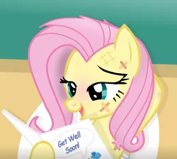 Size: 954x854 | Tagged: safe, artist:grapefruitface1, derpibooru import, fluttershy, pegasus, pony, base used, bed, card, get well card, get well soon, hospital, pillow, solo