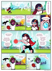 Size: 824x1112 | Tagged: safe, artist:crydius, derpibooru import, oc, oc:eldritch, oc:gamma, bird, crow, robot, comic:the first year's dodgeball competition, equestria girls, comic, dodgeball, equestria girls-ified, flying, glowing eyes, instant regret, locked, magical lesbian spawn, now you fucked up, offspring, parent:oc:crydius, parent:sci-twi, parent:sunset shimmer, parent:tempest shadow, parents:canon x oc, parents:crydiusshadow, parents:scitwishimmer, running, scientific lesbian spawn, shooting, target locked, this will end in death, this will end in tears, this will end in tears and/or death, xk-class end-of-the-world scenario