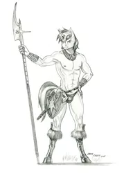 Size: 1000x1376 | Tagged: anthro, armor, artist:baron engel, clothes, crotch bulge, derpibooru import, grayscale, impractical clothing, looking at you, male, monochrome, panties, partial nudity, pencil drawing, shining armor, smiling, solo, solo male, suggestive, thong, topless, traditional art, unconvincing armor, underwear, unguligrade anthro