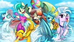 Size: 3840x2160 | Tagged: safe, artist:sintakhra, derpibooru import, gallus, ocellus, sandbar, silverstream, smolder, yona, changedling, changeling, classical hippogriff, dragon, gryphon, hippogriff, pony, yak, tumblr:studentsix, balloon, bandana, beach ball, claw hold, cute, diaocelles, diastreamies, eyes closed, fangs, gallabetes, open mouth, post-it, raised claw, sandabetes, smolderbetes, splashing, student six, tongue out, water, water balloon, yonadorable