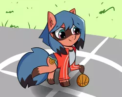 Size: 1984x1576 | Tagged: safe, artist:artiks, derpibooru import, earth pony, pony, anime, atg 2020, basketball, bna: brand new animal, clothes, crossover, female, jacket, mare, michiru (bna), michiru kagemori, newbie artist training grounds, shorts, smiling, solo, sports