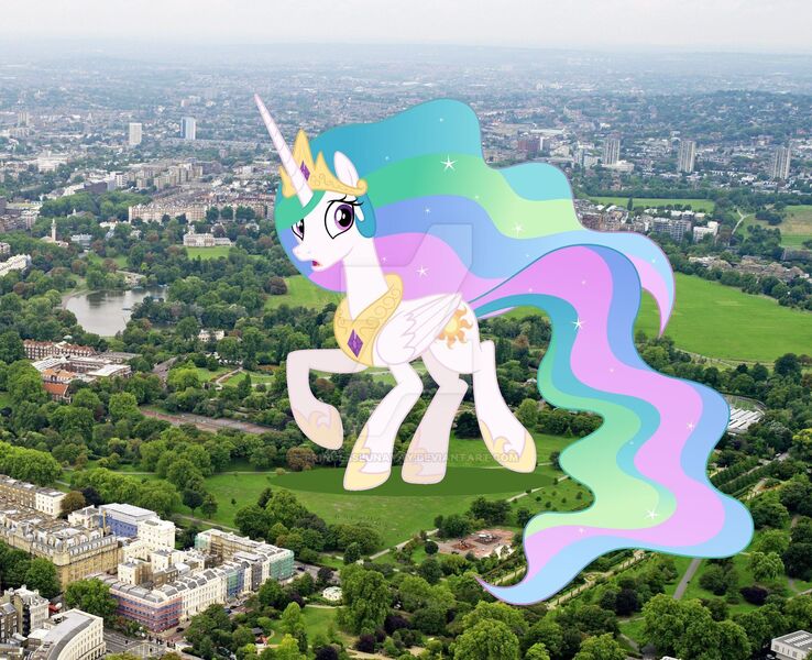 Size: 1920x1561 | Tagged: safe, artist:decprincess, artist:princesslunayay, derpibooru import, princess celestia, alicorn, pony, britain, deviantart, deviantart watermark, england, female, giant alicorn, giant ponies in real life, giant pony, giantess, giantlestia, grass, highrise ponies, irl, london, macro, mare, obtrusive watermark, photo, ponies in real life, shocked, solo, tree, united kingdom, watermark