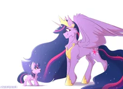 Size: 2000x1445 | Tagged: safe, artist:verystrangebun, derpibooru import, princess twilight 2.0, twilight sparkle, twilight sparkle (alicorn), alicorn, unicorn, the last problem, amazed, chest fluff, crying, dock, duality, end of g4, end of ponies, female, filly, filly twilight sparkle, jewelry, looking at each other, regalia, self ponidox, signature, simple background, smiling, tears of joy, teary eyes, time paradox, twolight, unicorn twilight, white background, younger