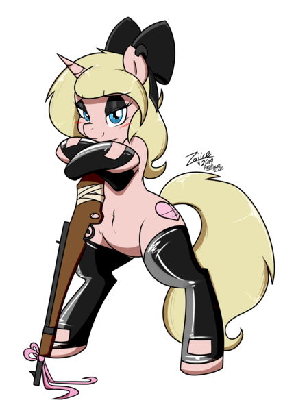 Size: 2323x3376 | Tagged: suggestive, artist:coatieyay, artist:zajice, derpibooru import, oc, oc:deady, unofficial characters only, belly button, belly freckles, blushing, bow, clothes, eyeshadow, female, freckles, gun, image, latex, latex socks, makeup, png, rifle, semo-anthro, simple background, socks, solo, solo female, transparent background, weapon