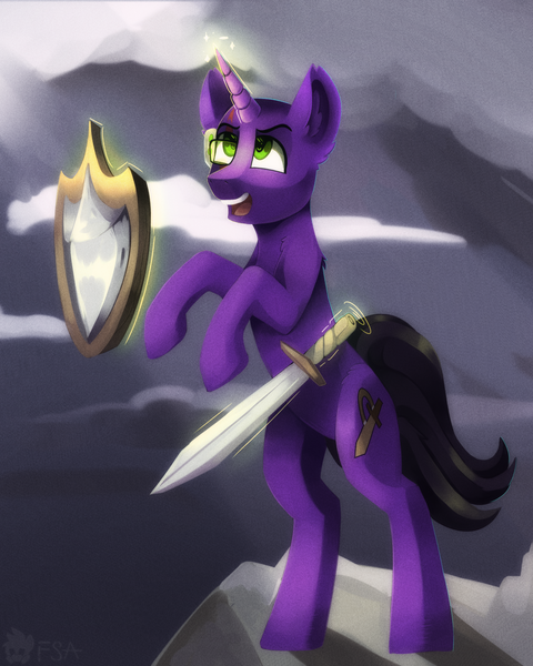 Size: 2000x2500 | Tagged: safe, artist:freak-side, derpibooru import, oc, oc:pursord, pony, unicorn, shield, solo, sword, weapon