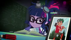 Size: 1280x720 | Tagged: safe, derpibooru import, screencap, sci-twi, timber spruce, twilight sparkle, eqg summertime shorts, equestria girls, equestria girls series, mad twience, axe, book, camp everfree outfits, clothes, cute, female, glasses, implied shipping, implied straight, implied timbertwi, lab coat, laboratory, legs, male, meme origin, photo, picture frame, scientist, shorts, smiling, timberbetes, weapon