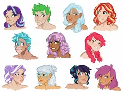 Size: 2048x1536 | Tagged: alternate hairstyle, apple bloom, artist:vennyredmoon, bare shoulders, blushing, coloratura, cutie mark crusaders, dark skin, derpibooru import, diamond tiara, diversity, ear piercing, earring, elf ears, fangs, female, freckles, glasses, grin, hair bun, human, humanized, human spike, jewelry, male, older, older apple bloom, older cmc, older diamond tiara, older scootaloo, older silver spoon, older spike, older sweetie belle, one eye closed, piercing, rara, safe, scootaloo, silver spoon, simple background, smiling, spike, starlight glimmer, sunset shimmer, sweetie belle, terramar, trixie, vitiligo, white background, wink