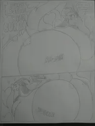 Size: 1944x2592 | Tagged: safe, artist:princebluemoon3, author:bigonionbean, derpibooru import, cosmos (character), draconequus, comic:the chaos within us, bandana, belly, belly button, black and white, bloated, blushing, butt, canterlot, chaos, chubby, chubby cheeks, comic, commissioner:bigonionbean, dialogue, drawing, dream, embarrassed, evil grin, extra thicc, fat, female, floating, grayscale, grin, hug, huge butt, huggable, large butt, monochrome, moon, night, nightmare, obese, out of control magic, planet, smiling, squishy, stomach, talking to herself, thicc ass, traditional art