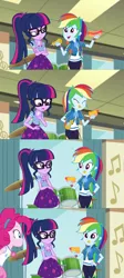 Size: 1920x4304 | Tagged: safe, derpibooru import, edit, edited screencap, screencap, pinkie pie, rainbow dash, sci-twi, twilight sparkle, equestria girls, equestria girls series, overpowered (equestria girls), chewing, clothes, comic, curtains, cute, drums, eating, eyes closed, female, food, geode of sugar bombs, geode of super speed, geode of telekinesis, glasses, happy, hoodie, hot dog, jacket, magical geodes, meat, music notes, musical instrument, mustard, pants, ponytail, sauce, sausage, skirt, smiling, window