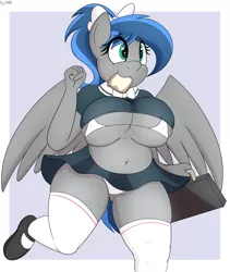 Size: 2952x3500 | Tagged: anthro, artist:an-tonio, art trade, belly button, big breasts, boob freckles, bow, bra, bread, breasts, briefcase, chest freckles, clothes, derpibooru import, erect nipples, female, food, freckles, hair bow, mare, mouth hold, oc, oc:bibbo, panties, pegasus, ponytail, raised leg, school uniform, shoes, skirt, smiling, socks, solo, solo female, spread wings, suggestive, toast, underwear, unguligrade anthro, unofficial characters only, white underwear, wings