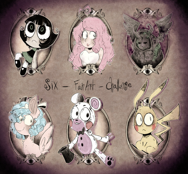 Size: 2859x2646 | Tagged: safe, artist:urbanqhoul, derpibooru import, cozy glow, pegasus, pikachu, pony, six fanarts, animatronic, anthro with ponies, bags under eyes, bowtie, bust, buttercup (powerpuff girls), clothes, crossover, female, filly, hat, helpy, pokémon, rose quartz (steven universe), smiling, snthro, statue, steven universe, the legend of zelda, the legend of zelda: breath of the wild, the powerpuff girls, top hat, wide eyes