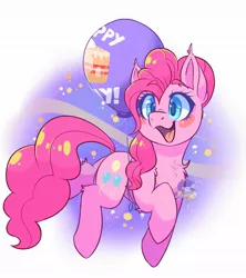 Size: 1635x1842 | Tagged: safe, artist:drawtheuniverse, derpibooru import, pinkie pie, earth pony, pony, balloon, blush sticker, blushing, cake, chest fluff, colored pupils, cute, diapinkes, dock, ear fluff, female, floating, food, happy birthday, leg fluff, mare, open mouth, solo, then watch her balloons lift her up to the sky