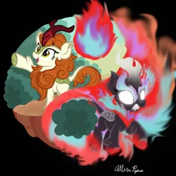 Size: 1000x1000 | Tagged: angry, artist:robots-art, autumn blaze, derpibooru import, duality, fangs, fire, kirin, nirik, safe, solo, sounds of silence, yin-yang