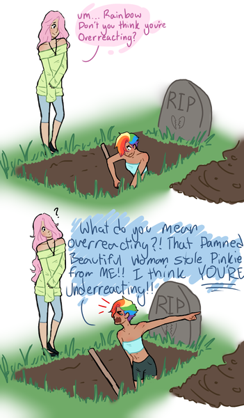 Size: 702x1200 | Tagged: alternate hairstyle, artist:vennyredmoon, base used, blatant lies, blushing, clothes, crying, derpibooru import, digging, dirt, female, flats, fluttershy, grass, grave, gravestone, heartbreak, human, humanized, implied lesbian, implied pinkiedash, implied pinkie pie, implied shipping, jewelry, metaphor, necklace, overreacting, overreaction, pun, question mark, rainbow dash, sad, safe, shoes, shorts, shovel, sports bra, sports shorts, sweater, sweatershy, tombstones