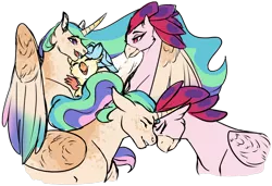 Size: 1280x878 | Tagged: safe, artist:minsona, derpibooru import, princess celestia, princess skystar, queen novo, alicorn, hippogriff, my little pony: the movie, female, lesbian, novolestia, nuzzling, shipping, simple background, story included, transparent background