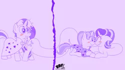 Size: 3840x2160 | Tagged: safe, artist:rupertbluefox, derpibooru import, starlight glimmer, sunburst, trixie, pony, unicorn, :i, alternate hairstyle, babysitter trixie, blushing, clothes, cute, diatrixes, eyes on the prize, female, gameloft, glimmerbetes, hoodie, lesbian, long glimmer, long pony, male, mare, monochrome, prone, purple, shipping, simple background, sitting, stallion, startrix