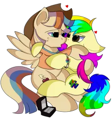 Size: 1280x1399 | Tagged: safe, artist:rainbowtashie, author:bigonionbean, derpibooru import, braeburn, wind waker (character), oc, oc:rainbow tashie, oc:spicy cider, earth pony, pegasus, pony, commissioner:bigonionbean, couple, cowboy hat, cute, cutie mark, dawwww, fusion, fusion:spicy cider, hat, hoof ring, in love, jewelry, kissing, ring, romantic, simple background, stetson, transparent background, wedding ring