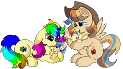 Size: 1280x715 | Tagged: safe, artist:rainbowtashie, author:bigonionbean, derpibooru import, braeburn, wind waker (character), oc, oc:azure spice, oc:cinnamon spectrum, oc:rainbow tashie, oc:spicy cider, earth pony, pegasus, pony, commissioner:bigonionbean, cowboy hat, cuddling, cute, daaaaaaaaaaaw, father and child, father and daughter, female, foal, fusion, fusion:spicy cider, hat, male, mother and child, mother and son, offspring, simple background, stetson, transparent background