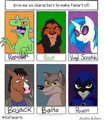Size: 890x1033 | Tagged: safe, artist:sparky.draglewolf, derpibooru import, vinyl scratch, anthro, big cat, dinosaur, dog, human, husky, lion, pony, unicorn, six fanarts, anthro with ponies, balto, bojack horseman, bust, cigarette, clothes, crossover, eye scar, female, frown, grin, hood, male, mare, open mouth, raven (teen titans), reptar, rugrats, scar, scar (the lion king), sharp teeth, smiling, smoking, sunglasses, teen titans, teeth, the lion king