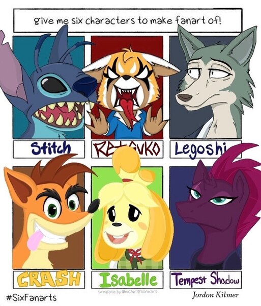 Size: 876x1025 | Tagged: safe, artist:sparky.draglewolf, derpibooru import, tempest shadow, anthro, dog, pony, unicorn, wolf, six fanarts, aggretsuko, angry, animal crossing, anthro with ponies, beastars, broken horn, bust, clothes, crash bandicoot, crossover, devil horn (gesture), eye scar, female, horn, isabelle, legosi (beastars), lilo and stitch, male, mare, open mouth, retsuko, sanrio, scar, sharp teeth, stitch, teeth, white eyes