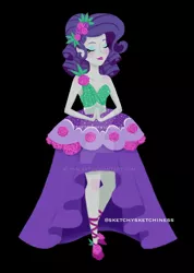 Size: 1280x1793 | Tagged: safe, artist:rlynn-art, artist:sketchysketchiness, derpibooru import, rarity, equestria girls, legend of everfree, black background, clothes, crystal gala dress, deviantart watermark, dress, eyes closed, flower, flower in hair, hands together, obtrusive watermark, signature, simple background, sleeveless, smiling, solo, watermark