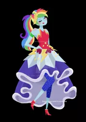 Size: 1280x1793 | Tagged: safe, artist:rlynn-art, artist:sketchysketchiness, derpibooru import, rainbow dash, equestria girls, legend of everfree, black background, clothes, crystal gala dress, cute, deviantart watermark, dress, eyes closed, female, obtrusive watermark, signature, simple background, sleeveless, smiling, solo, watermark