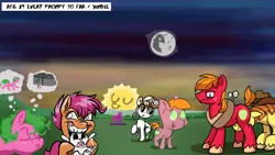 Size: 1920x1080 | Tagged: safe, artist:ponyhell, derpibooru import, angel bunny, big macintosh, braeburn, scootaloo, sweetie belle, twilight sparkle, oc, earth pony, pegasus, pony, unicorn, atg 2020, biting, mare in the moon, moon, newbie artist training grounds, personal space invasion, sun, thought bubble