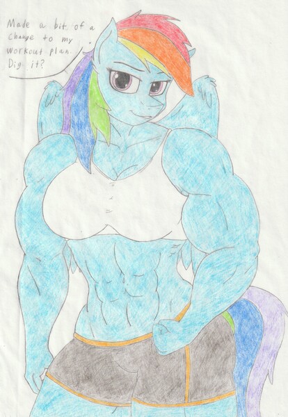 Size: 2272x3292 | Tagged: abs, amazon, anthro, artist:astrum, biceps, breasts, busty rainbow dash, cleavage, clothes, deltoids, derpibooru import, dialogue, female, flexing, lidded eyes, midriff, muscles, muscular female, pegasus, rainbow dash, rainbuff dash, safe, shorts, simple background, smiling, smirk, solo, sports bra, sports shorts, talking, thighs, thunder thighs, traditional art, white background, wings, workout outfit