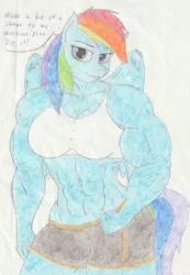 Size: 2272x3292 | Tagged: abs, amazon, anthro, artist:astrum, biceps, breasts, busty rainbow dash, cleavage, clothes, deltoids, derpibooru import, dialogue, female, flexing, lidded eyes, midriff, muscles, muscular female, pegasus, rainbow dash, rainbuff dash, safe, shorts, simple background, smiling, smirk, solo, sports bra, sports shorts, talking, thighs, thunder thighs, traditional art, white background, wings, workout outfit